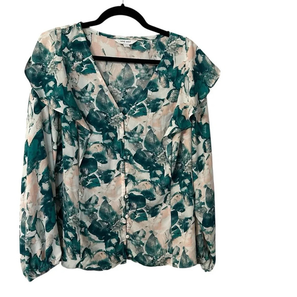 Nine West Women’s Long Sleeve Ruffle Detail Button Front V-Neck Top Size XL GUC - Picture 1 of 8